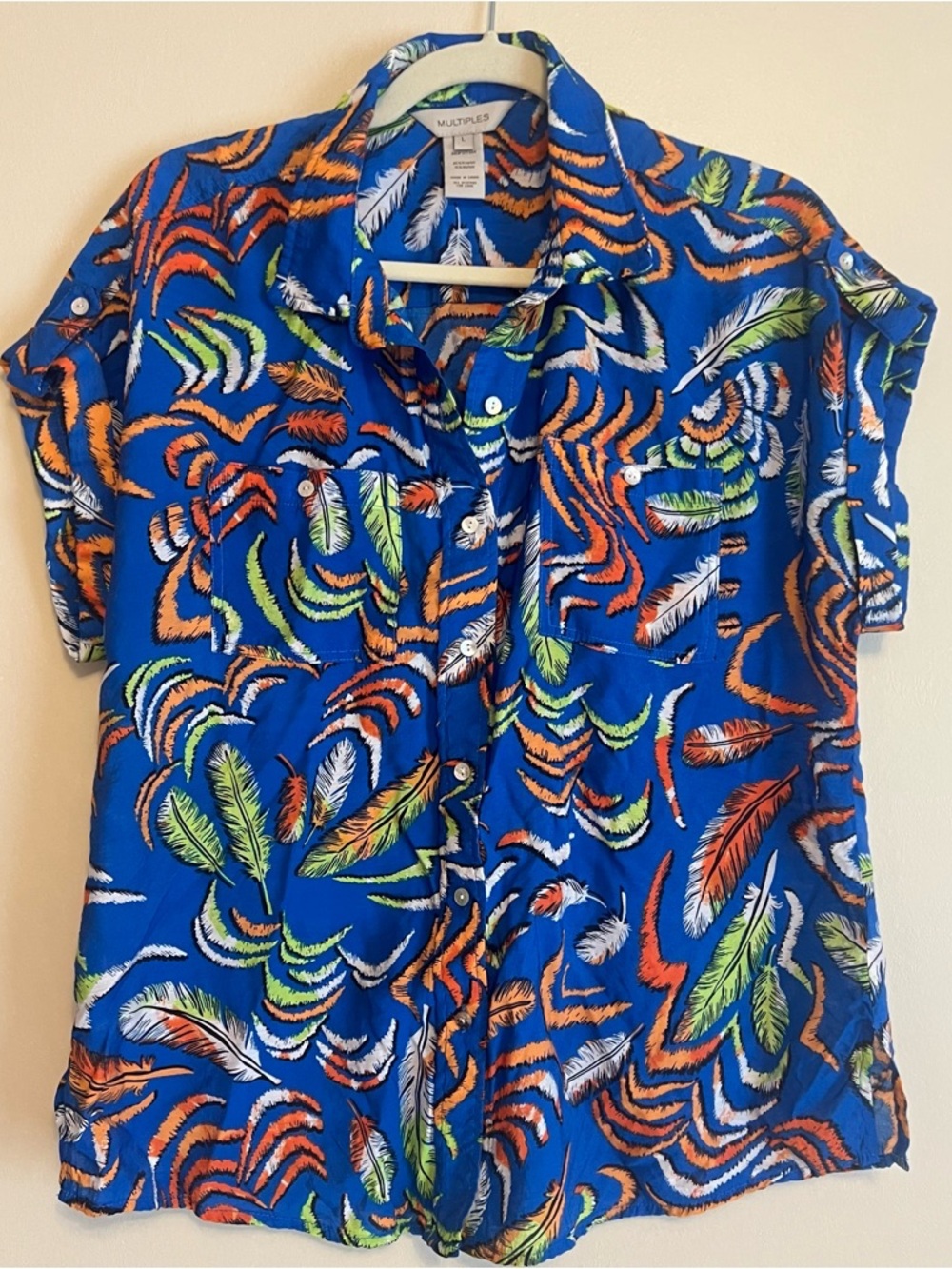 Multiples Royal Blue Vibrant Feather-Print Button-Down Shirt
